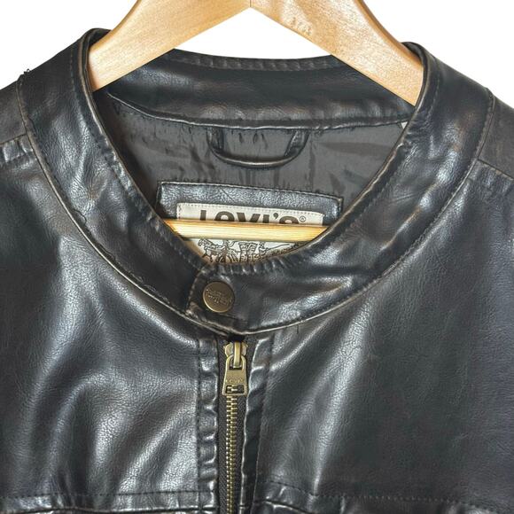 LEVIS Black Vegan Leather Zip-Up Mens Moto Biker Bomber Jacket Size XXL - Picture 4 of 16
